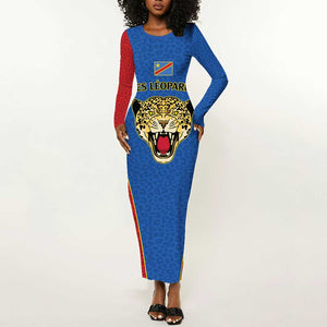 Africa DR Congo Football Custom Long Sleeve Bodycon Dress Blue Leopard Skin Pattern - African Pride