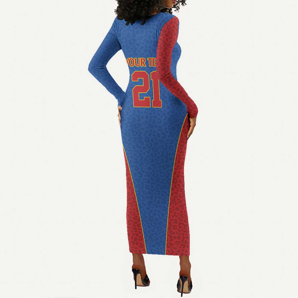 Africa DR Congo Football Custom Long Sleeve Bodycon Dress Blue Leopard Skin Pattern by African Pride Africa DR Congo Football Custom Long Sleeve Bodycon Dress Blue Leopard Skin Pattern by African Pride