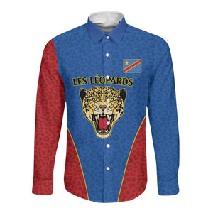 Africa DR Congo Football Custom Long Sleeve Button Shirt Blue Leopard Skin Pattern - African Pride