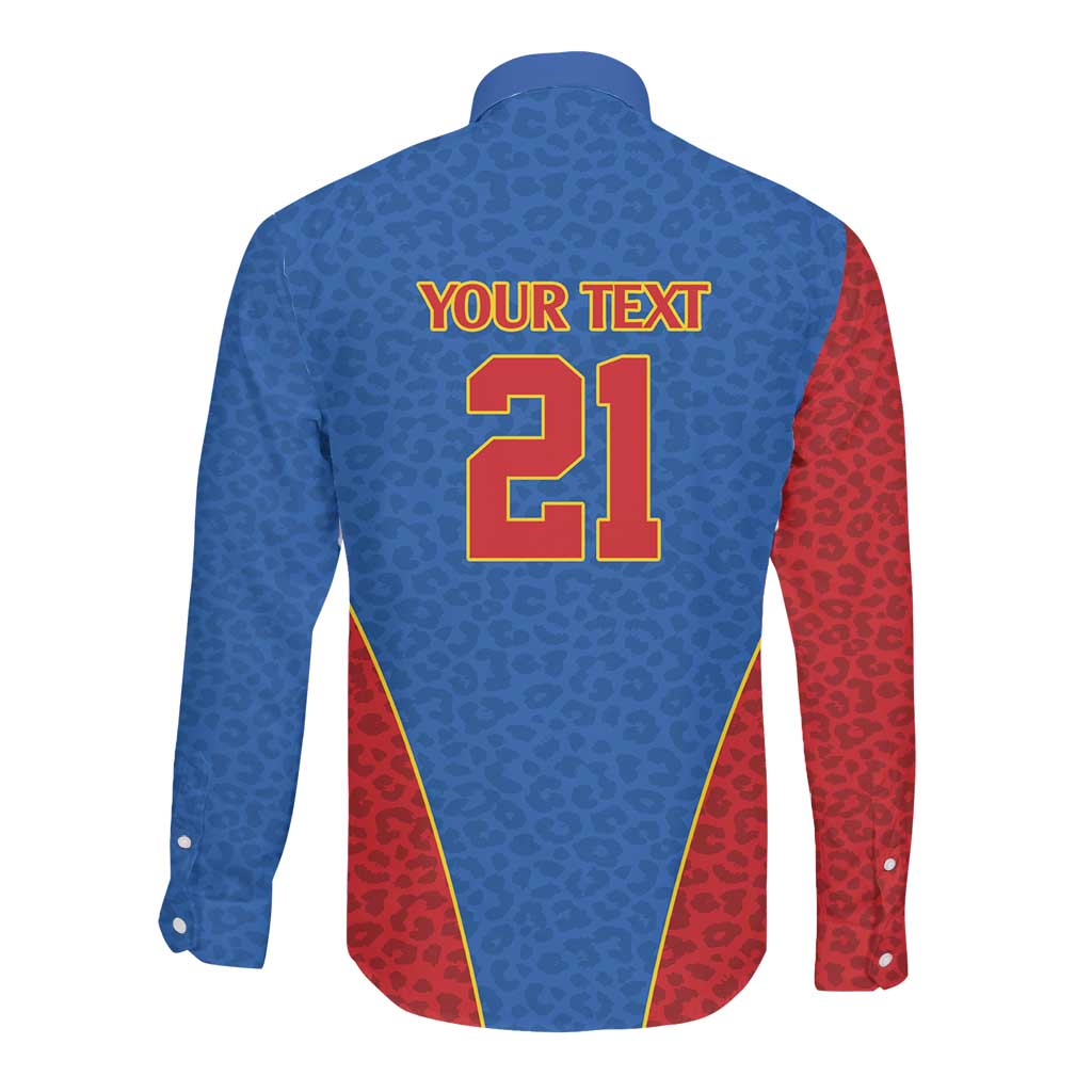 Africa DR Congo Football Custom Long Sleeve Button Shirt Blue Leopard Skin Pattern - African Pride