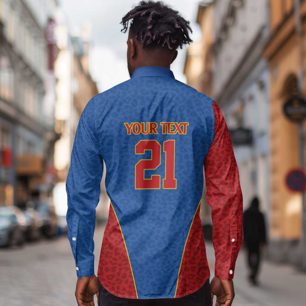 Africa DR Congo Football Custom Long Sleeve Button Shirt Blue Leopard Skin Pattern - African Pride