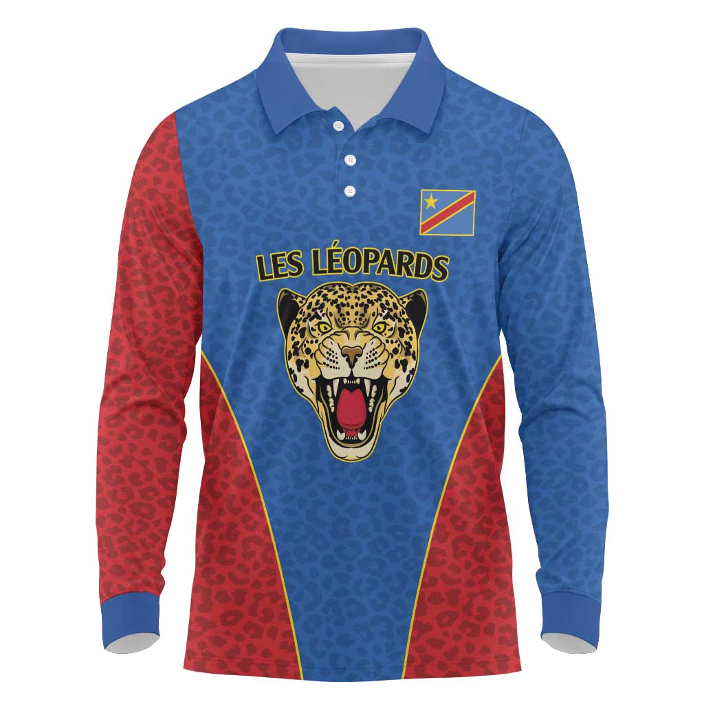 Africa DR Congo Football Custom Long Sleeve Polo Shirt Blue Leopard Skin Pattern - African Pride