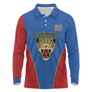 Africa DR Congo Football Custom Long Sleeve Polo Shirt Blue Leopard Skin Pattern - African Pride