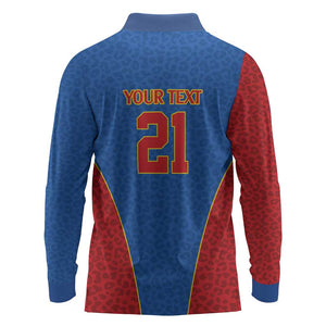 Africa DR Congo Football Custom Long Sleeve Polo Shirt Blue Leopard Skin Pattern - African Pride