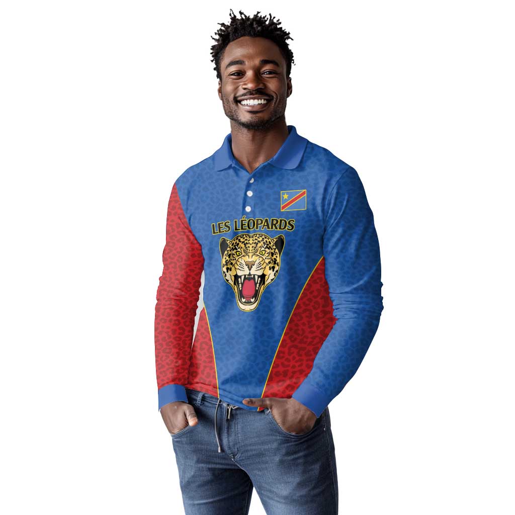 Africa DR Congo Football Custom Long Sleeve Polo Shirt Blue Leopard Skin Pattern - African Pride