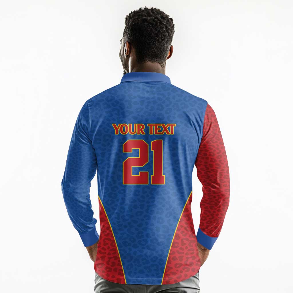 Africa DR Congo Football Custom Long Sleeve Polo Shirt Blue Leopard Skin Pattern - African Pride