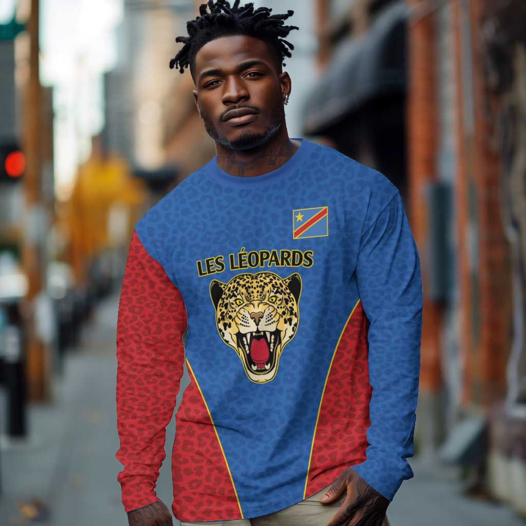 Africa DR Congo Football Custom Long Sleeve Shirt Blue Leopard Skin Pattern - African Pride