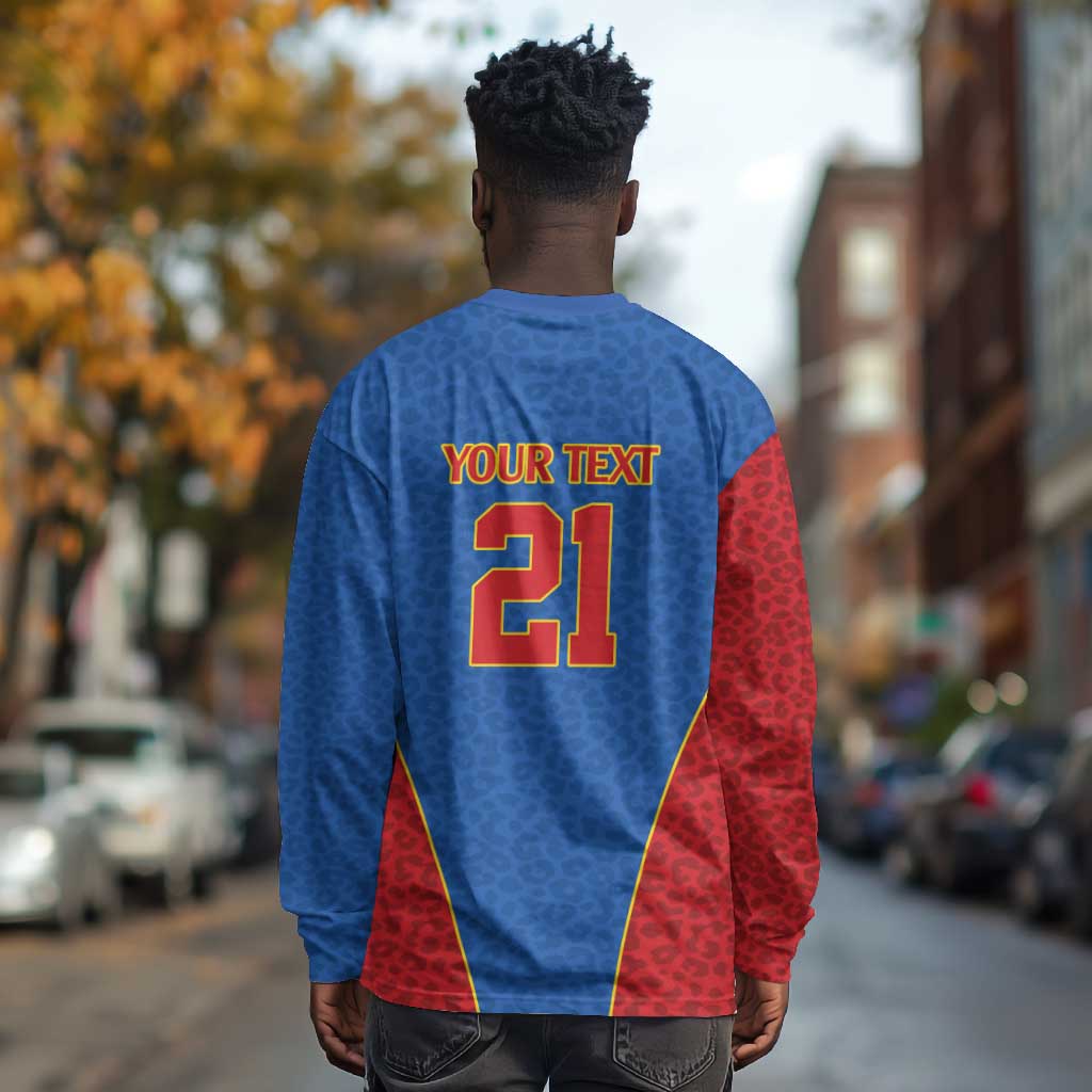 Africa DR Congo Football Custom Long Sleeve Shirt Blue Leopard Skin Pattern - African Pride