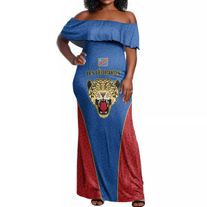 Africa DR Congo Football Custom Off Shoulder Maxi Dress Blue Leopard Skin Pattern - African Pride