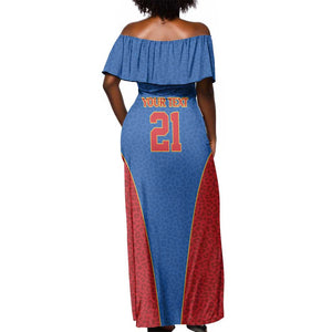 Africa DR Congo Football Custom Off Shoulder Maxi Dress Blue Leopard Skin Pattern - African Pride