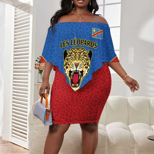 Africa DR Congo Football Custom Off Shoulder Short Dress Blue Leopard Skin Pattern - African Pride