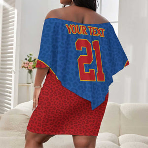 Africa DR Congo Football Custom Off Shoulder Short Dress Blue Leopard Skin Pattern - African Pride