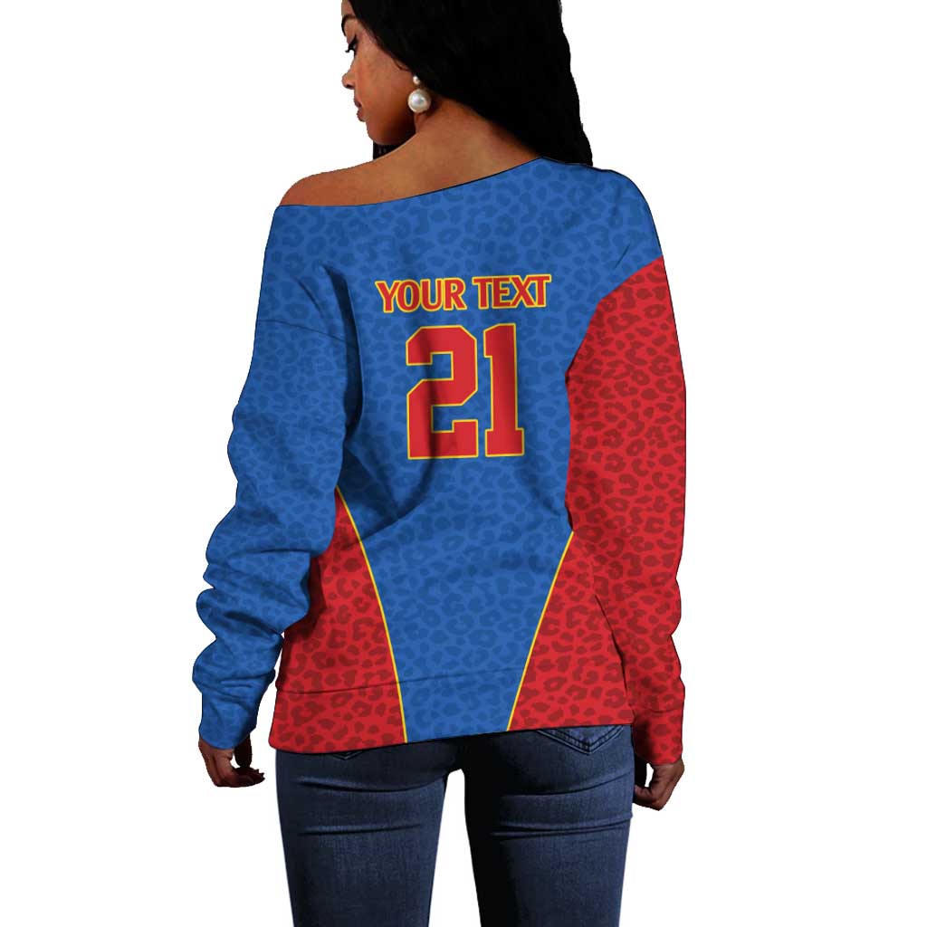 Africa DR Congo Football Custom Off Shoulder Sweater Blue Leopard Skin Pattern - African Pride