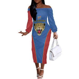 Africa DR Congo Football Custom Off The Shoulder Long Sleeve Dress Blue Leopard Skin Pattern - African Pride