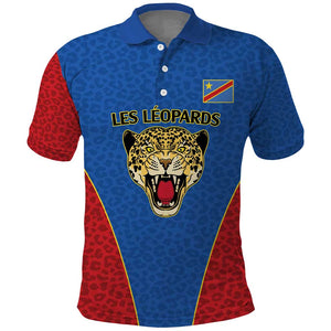 Africa DR Congo Football Custom Polo Shirt Blue Leopard Skin Pattern - African Pride