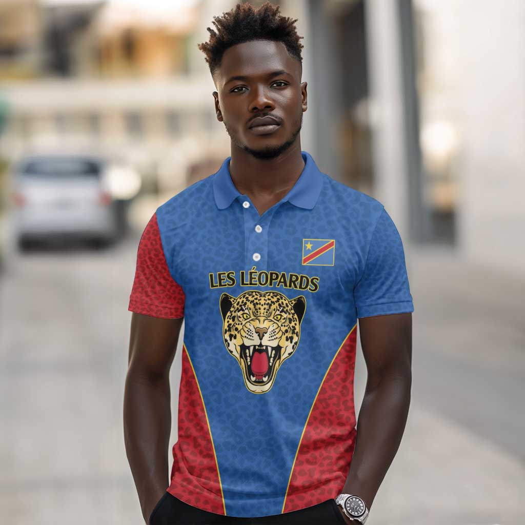 Africa DR Congo Football Custom Polo Shirt Blue Leopard Skin Pattern - African Pride