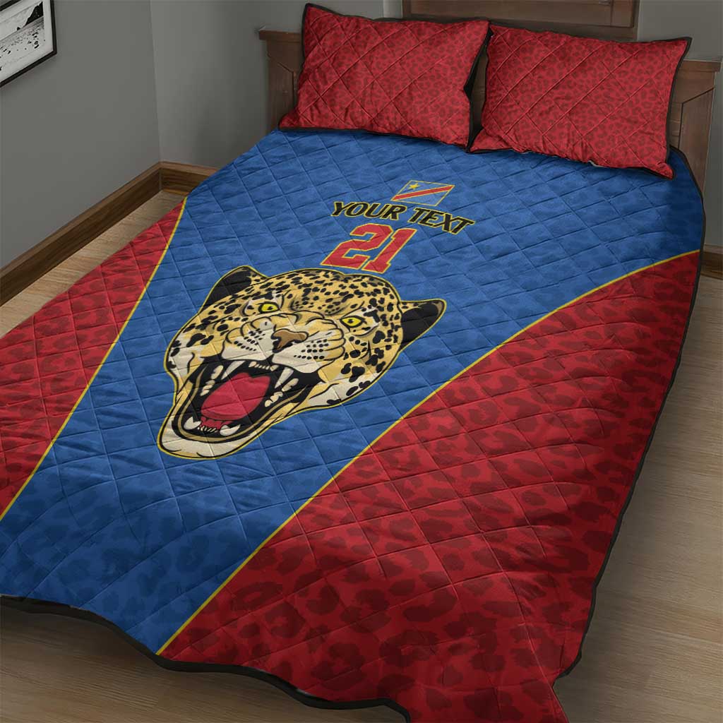 Africa DR Congo Football Custom Quilt Bed Set Blue Leopard Skin Pattern - African Pride