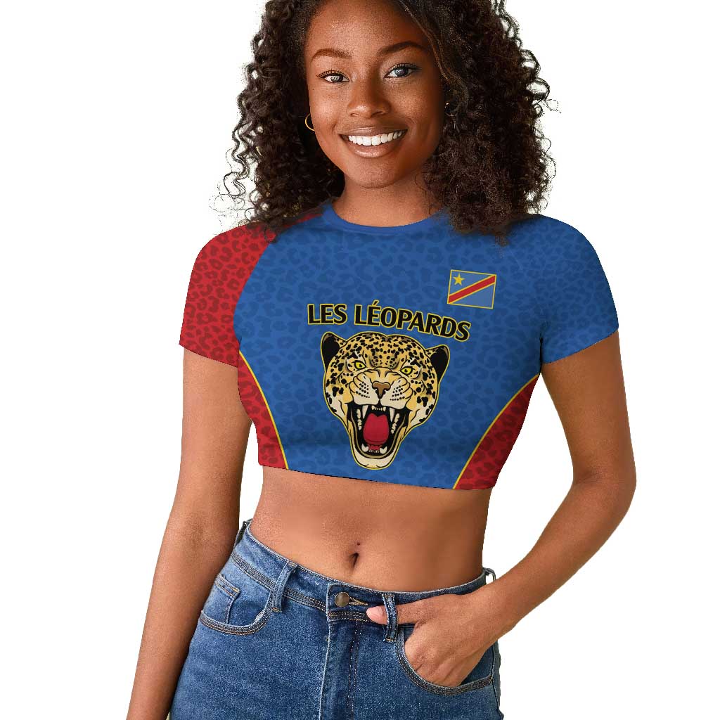 Africa DR Congo Football Custom Raglan Cropped T shirt Blue Leopard Skin Pattern - African Pride