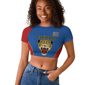 Africa DR Congo Football Custom Raglan Cropped T shirt Blue Leopard Skin Pattern - African Pride
