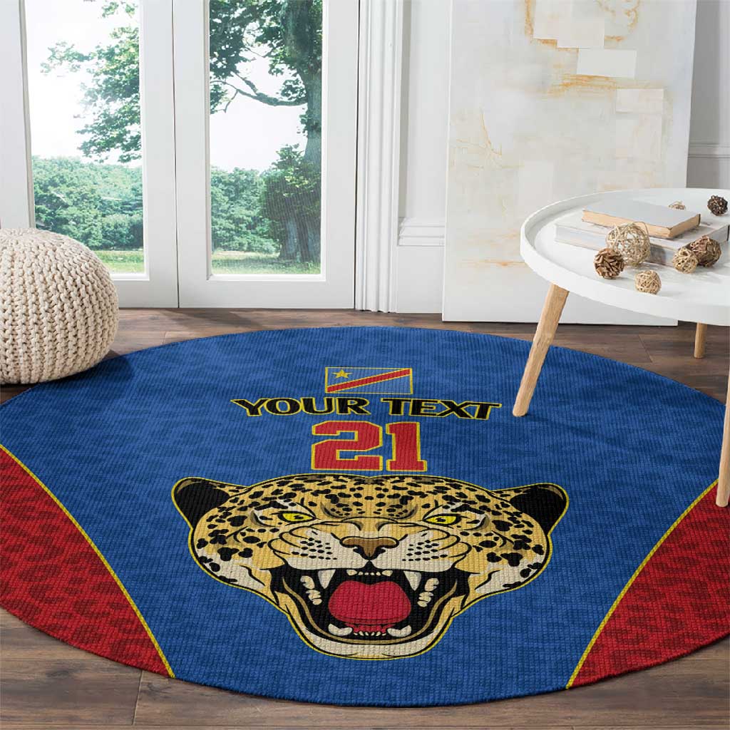 Africa DR Congo Football Custom Round Carpet Blue Leopard Skin Pattern - African Pride