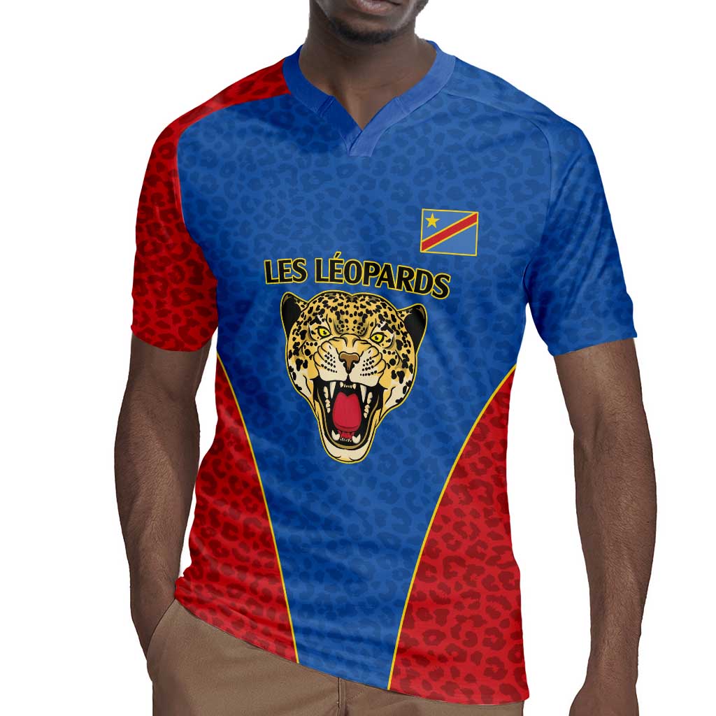 Africa DR Congo Football Custom Rugby Jersey Blue Leopard Skin Pattern - African Pride