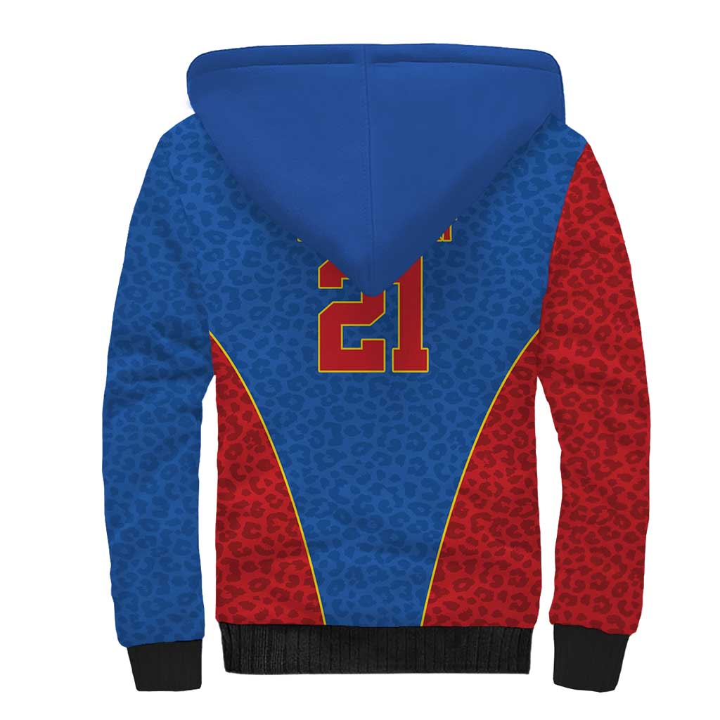Africa DR Congo Football Custom Sherpa Hoodie Blue Leopard Skin Pattern - African Pride