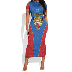 Africa DR Congo Football Custom Short Sleeve Bodycon Dress Blue Leopard Skin Pattern - African Pride