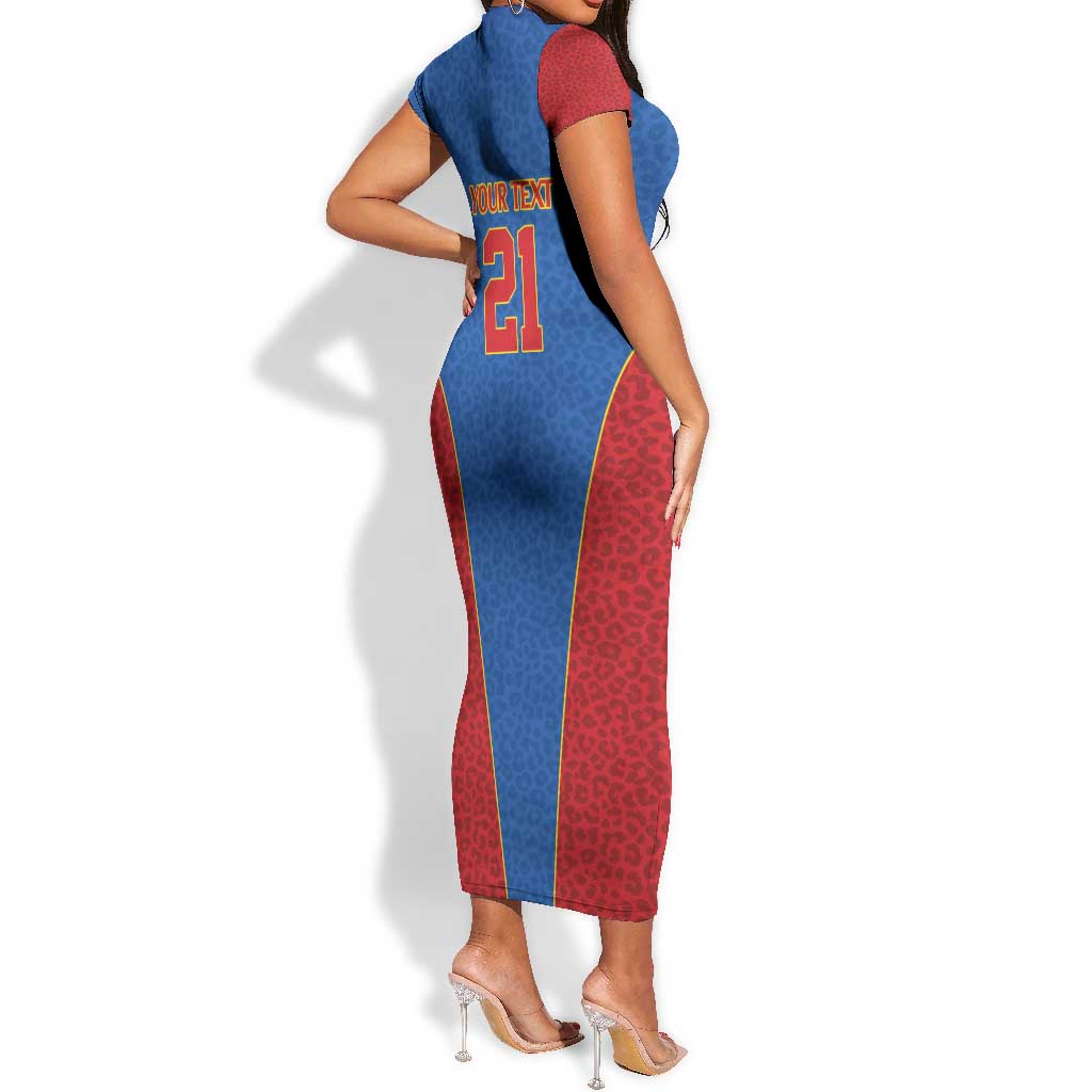 Africa DR Congo Football Custom Short Sleeve Bodycon Dress Blue Leopard Skin Pattern - African Pride