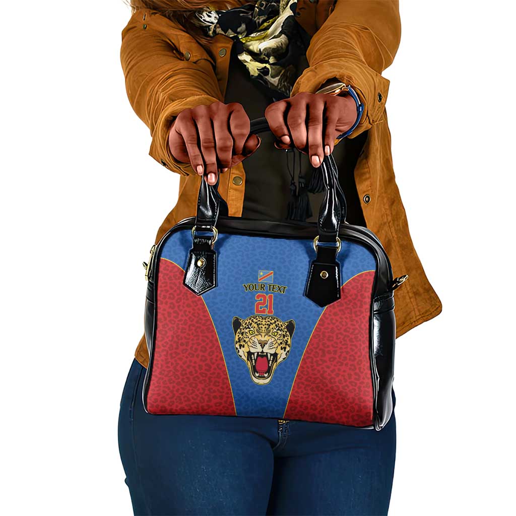 Africa DR Congo Football Custom Shoulder Handbag Blue Leopard Skin Pattern - African Pride