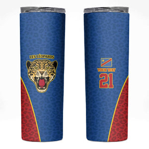 Africa DR Congo Football Custom Skinny Tumbler Blue Leopard Skin Pattern - African Pride