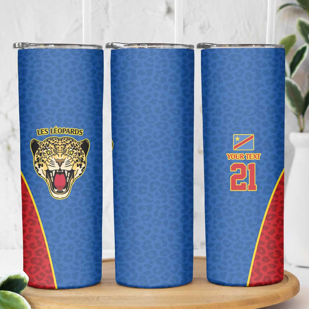 Africa DR Congo Football Custom Skinny Tumbler Blue Leopard Skin Pattern - African Pride