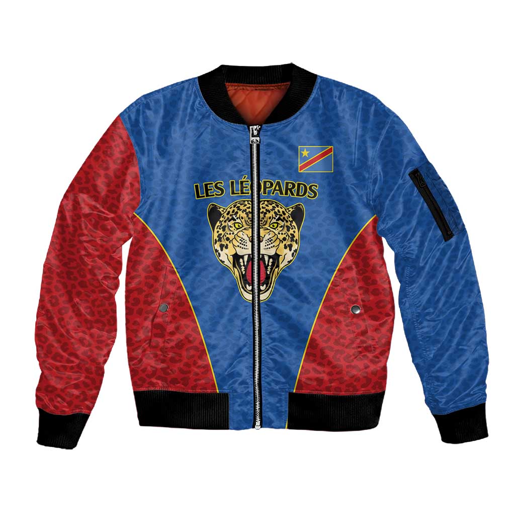 Africa DR Congo Football Custom Sleeve Zip Bomber Jacket Blue Leopard Skin Pattern - African Pride