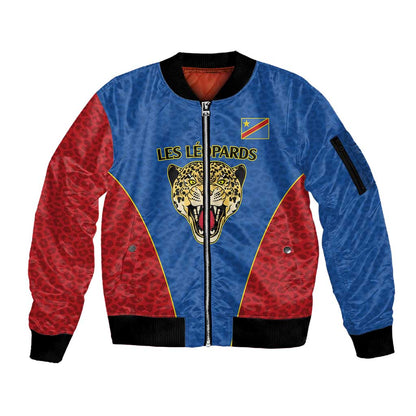 Africa DR Congo Football Custom Sleeve Zip Bomber Jacket Blue Leopard Skin Pattern - African Pride