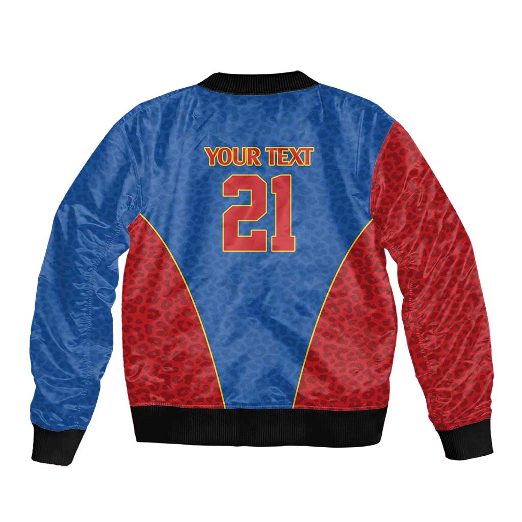 Africa DR Congo Football Custom Sleeve Zip Bomber Jacket Blue Leopard Skin Pattern - African Pride