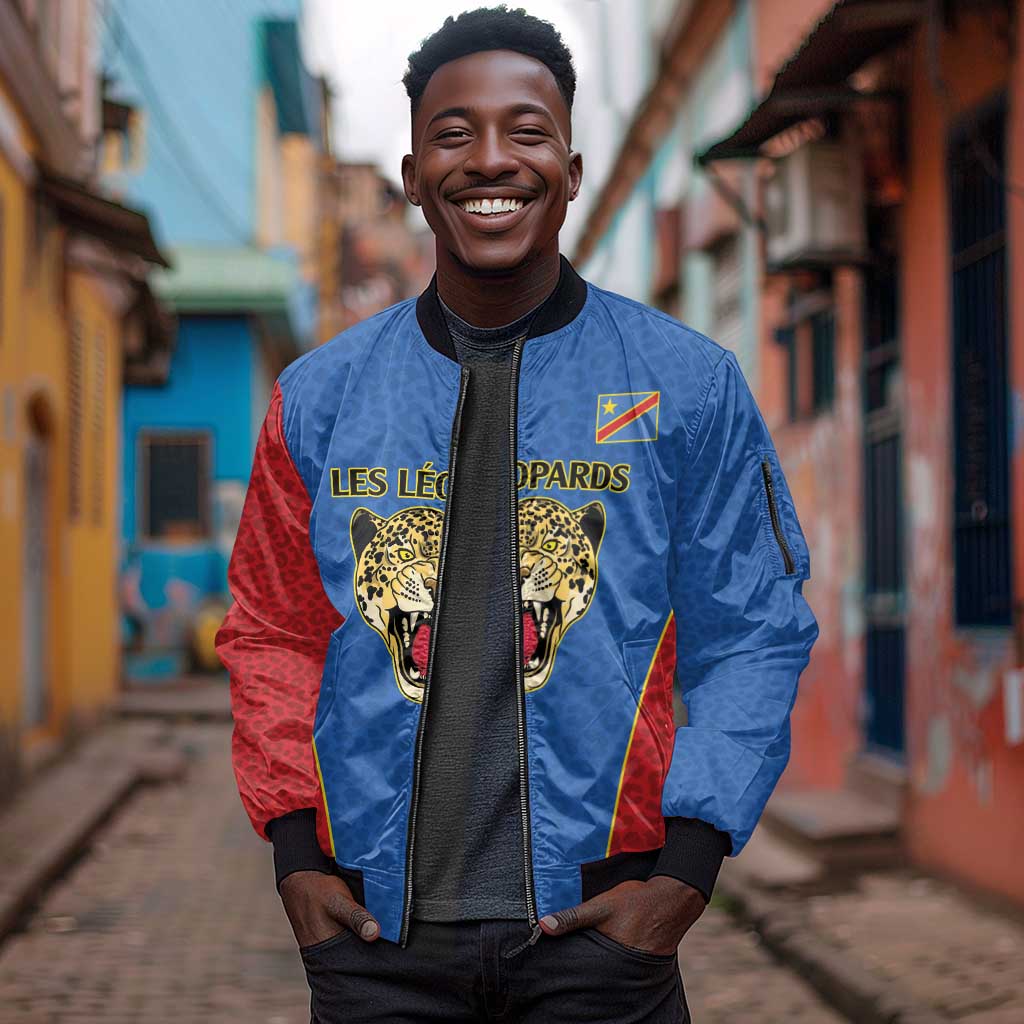 Africa DR Congo Football Custom Sleeve Zip Bomber Jacket Blue Leopard Skin Pattern - African Pride