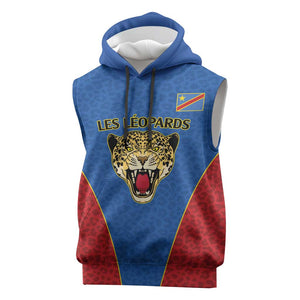Africa DR Congo Football Custom Sleeveless Hoodie Blue Leopard Skin Pattern - African Pride