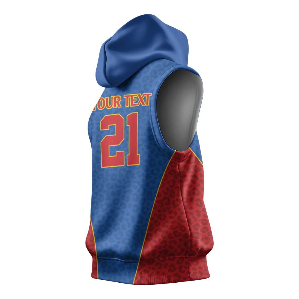 Africa DR Congo Football Custom Sleeveless Hoodie Blue Leopard Skin Pattern - African Pride