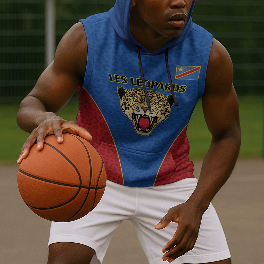Africa DR Congo Football Custom Sleeveless Hoodie Blue Leopard Skin Pattern - African Pride