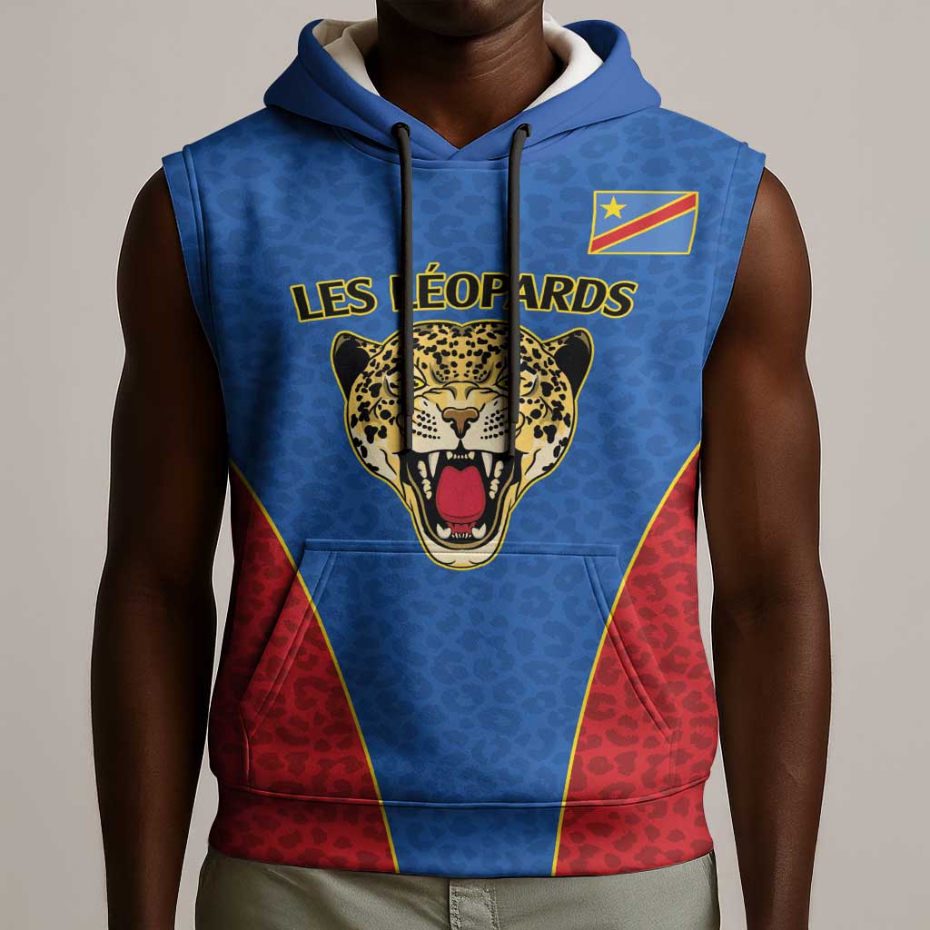 Africa DR Congo Football Custom Sleeveless Hoodie Blue Leopard Skin Pattern - African Pride