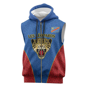 Africa DR Congo Football Custom Sleeveless Zip Hoodie Blue Leopard Skin Pattern - African Pride