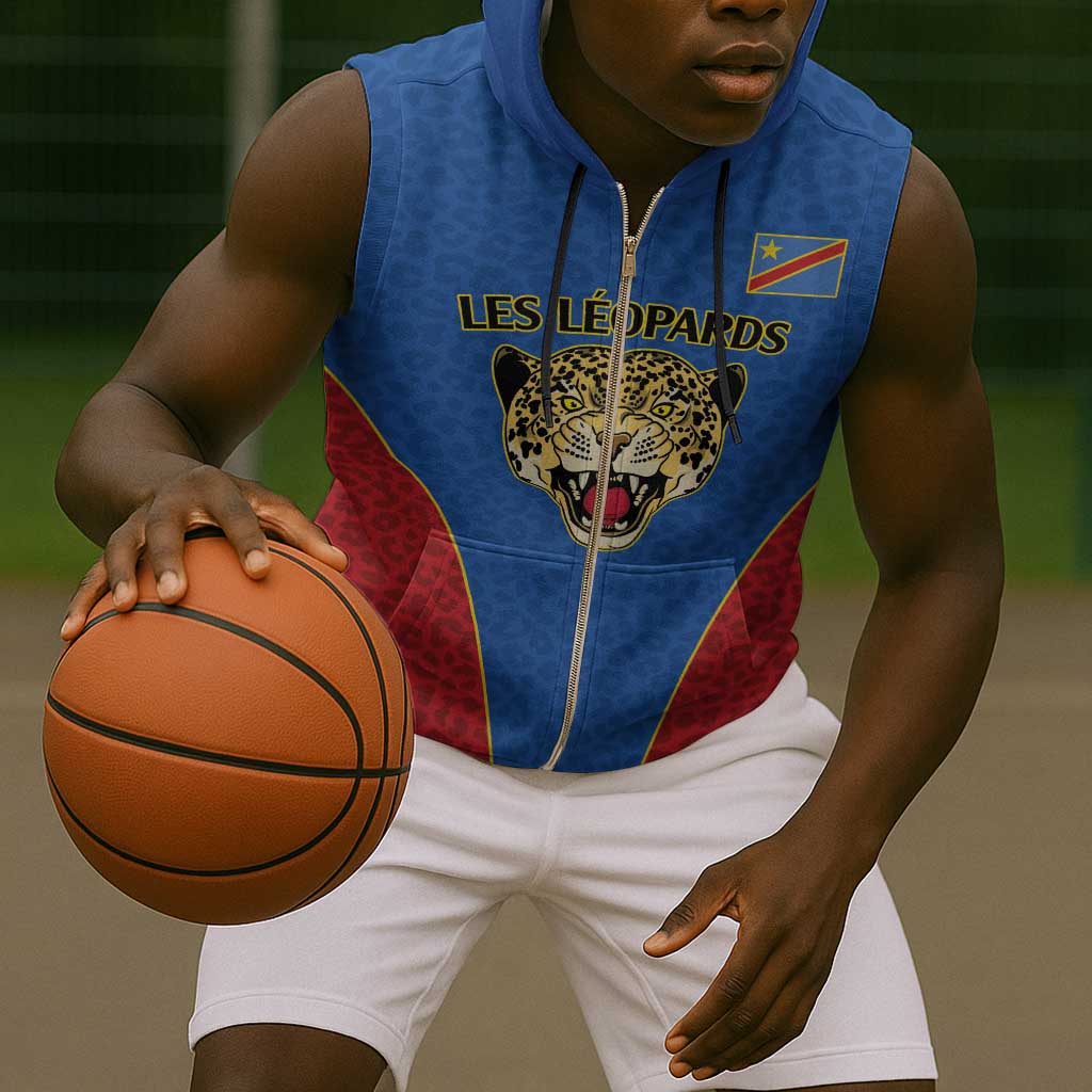 Africa DR Congo Football Custom Sleeveless Zip Hoodie Blue Leopard Skin Pattern - African Pride
