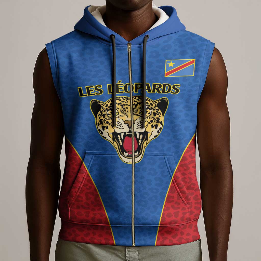 Africa DR Congo Football Custom Sleeveless Zip Hoodie Blue Leopard Skin Pattern - African Pride