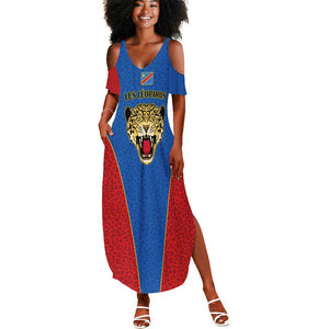 Africa DR Congo Football Custom Summer Maxi Dress Blue Leopard Skin Pattern - African Pride