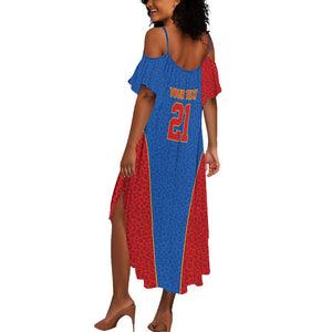 Africa DR Congo Football Custom Summer Maxi Dress Blue Leopard Skin Pattern - African Pride