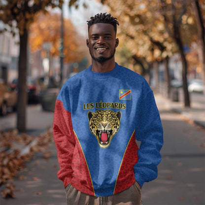 Africa DR Congo Football Custom Sweatshirt Blue Leopard Skin Pattern - African Pride