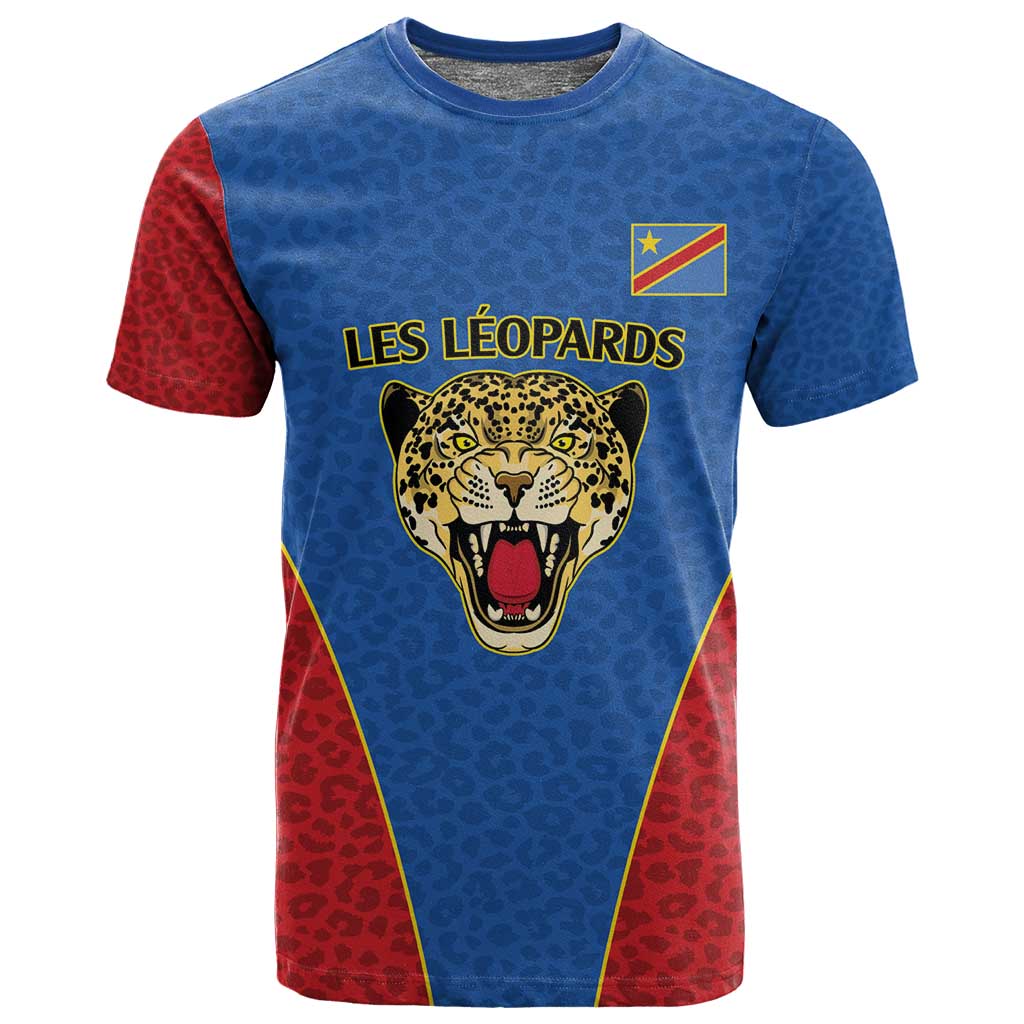 Africa DR Congo Football Custom T shirt Blue Leopard Skin Pattern - African Pride