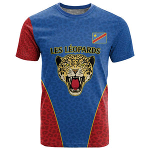 Africa DR Congo Football Custom T shirt Blue Leopard Skin Pattern - African Pride