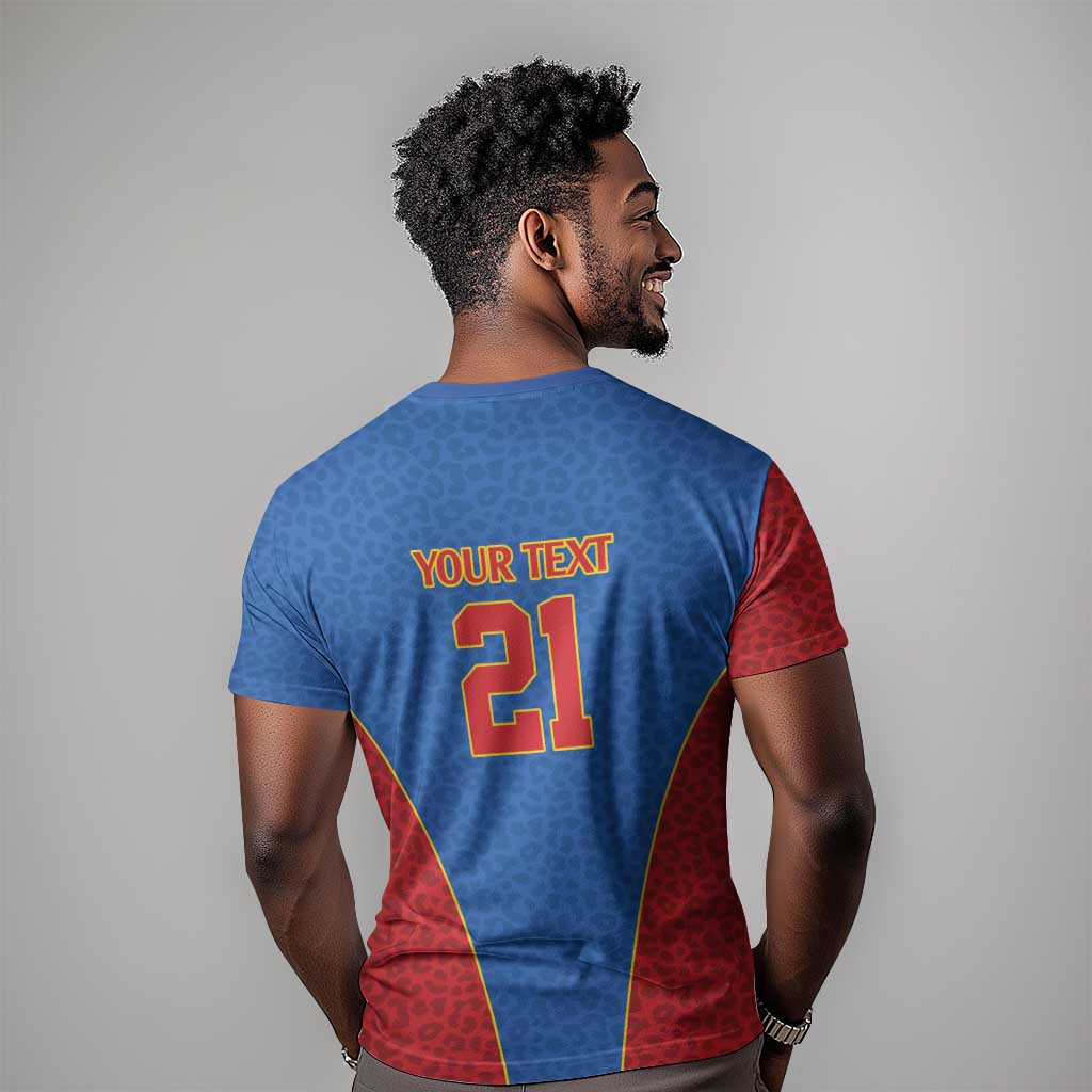 Africa DR Congo Football Custom T shirt Blue Leopard Skin Pattern - African Pride