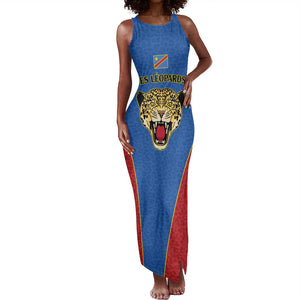 Africa DR Congo Football Custom Tank Maxi Dress Blue Leopard Skin Pattern - African Pride