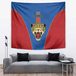 Africa DR Congo Football Custom Tapestry Blue Leopard Skin Pattern - African Pride